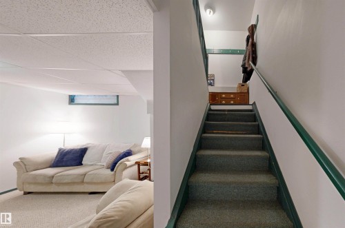 Carpeted stairs with a green handrail, leading to an upper landing with built-in storage - 10941 81 Avenue Nw, Edmonton, AB 