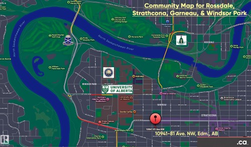 Community Map. Illustrating the spatial relationship of the property within the Rossdale, Strathcona, Garneau, and Windsor Park areas - 10941 81 Avenue Nw, Edmonton, AB 