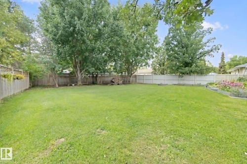 Expansive grassy yard with mature trees, surrounded by privacy fencing, and featuring a raised garden bed - 5 Labelle Crescent, St. Albert, AB 