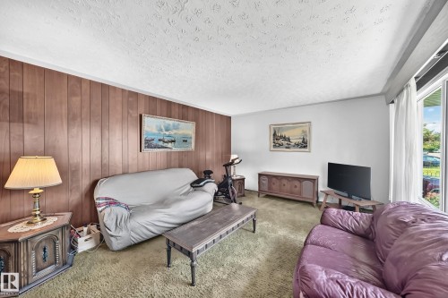 Living space featuring a wood-panel accent wall, textured ceiling, light green carpet, and a large window with white drapes - 15703 84 Avenue Nw, Edmonton, AB - Indoor