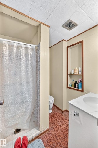 Bathroom with a built-in shower featuring mosaic tile surround - 15703 84 Avenue Nw, Edmonton, AB - Indoor Photo Showing Bathroom