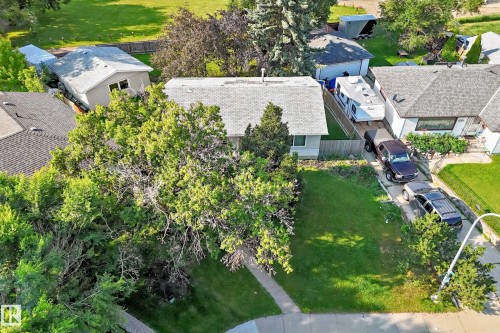 Aerial view showcasing a residential property with a light-colored roof - 15703 84 Avenue Nw, Edmonton, AB - Outdoor