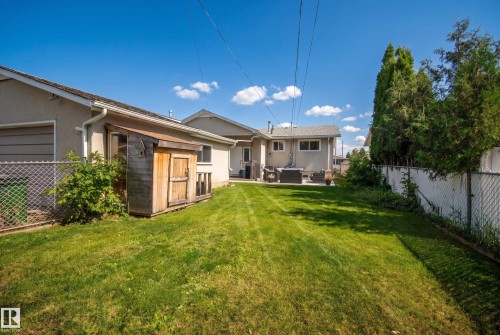 Expansive green lawn with a wooden shed, chain link fencing, and mature perimeter trees - 13512 111 Street Nw, Edmonton, AB 