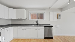 White cabinetry with brushed nickel hardware, dark speckled countertops, stainless steel dishwasher, black gooseneck faucet, and wood-finish flooring - 