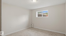 Neutral-toned walls, light-colored carpeting, a single window, and a ceiling-mounted light fixture - 