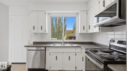 White cabinetry with dark hardware, a double basin sink, and a stainless steel dishwasher - 