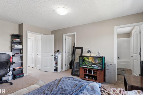 Neutral tone wall paint, textured ceiling, and flush mount lighting - 1608 65 Street Sw, Edmonton, AB - Indoor Photo Showing Bedroom