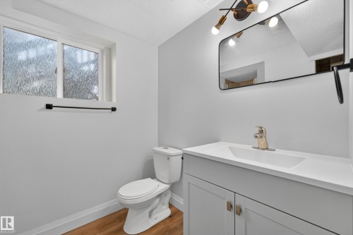 Vanity with integrated sink, gold-finish faucet, and modern light fixture - 2412 80 Street Nw, Edmonton, AB 
