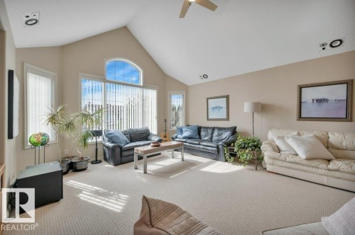 Vaulted ceiling with an arched window and vertical blinds - 739 Haliburton Crescent Nw, Edmonton, AB 