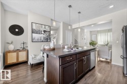 Kitchen island with integrated sink, dark wood-finish cabinetry, and stainless steel dishwasher - 