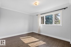 Wood-finish flooring, crown molding, white trim, and a three-pane window with a black curtain rod - 