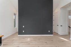 Vaulted ceiling, light wood-finish flooring, accent wall, modern interior doors, and a rectangular window - 