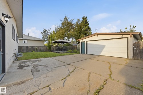 Detached garage with a roll-up door and side entry, concrete driveway, and a back patio leading to a grassy yard - 3523 106 Street Nw, Edmonton, AB 
