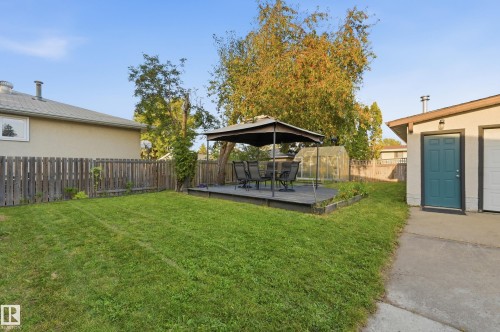 Expansive backyard featuring a large green space, privacy fencing, a wood-finish deck, and a greenhouse structure - 3523 106 Street Nw, Edmonton, AB 
