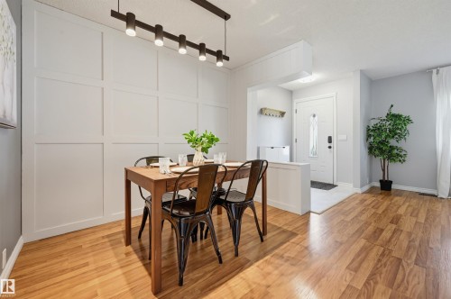 Wood-finish flooring, accent wall with paneling, modern track lighting fixture, white entry door with frosted glass, and a built-in partition wall - 4125 38 Street Nw, Edmonton, AB 