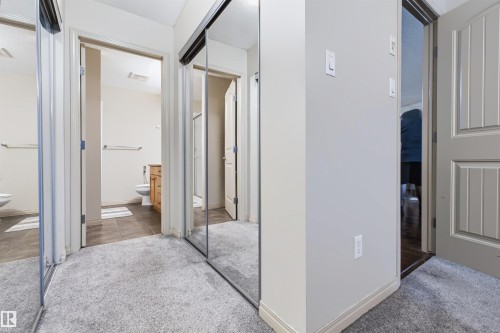 Plush carpeted hallway featuring mirrored closet doors and light gray painted walls - #155 2096 Blackmud Creek Dr Sw, Edmonton, AB 