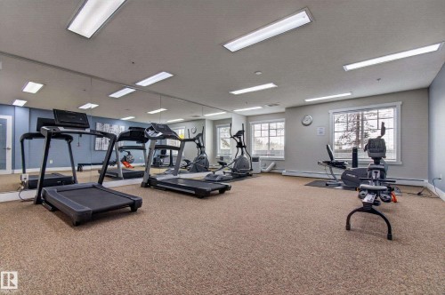 Spacious fitness area featuring full-length mirrored wall, carpeted flooring, multiple windows, and recessed lighting - #155 2096 Blackmud Creek Dr Sw, Edmonton, AB 