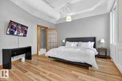 Hardwood flooring, French doors, recessed ceiling, exposed ductwork, and an overhead light fixture - 