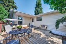 Expansive wood deck with direct exterior access, surrounded by mature trees and natural landscaping - 7704 13 Avenue Nw, Edmonton, AB 