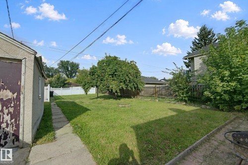 Expansive grassy yard with mature trees and a concrete pathway - 11914 124 Street Nw, Edmonton, AB 