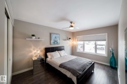 Wood-finish flooring, full-light window, and overhead ceiling fan - 