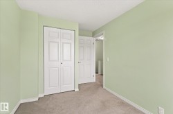 White bi-fold closet doors, secondary white paneled door, light green painted walls, and carpet flooring - 