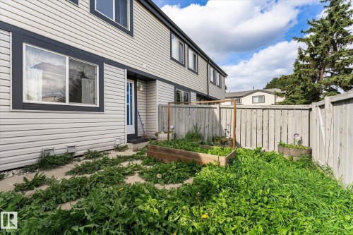 Private fenced yard with a raised garden bed and concrete pathway - #3 18010 98 Av Nw, Edmonton, AB 