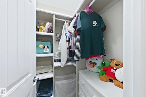 Built-in shelving, hanging rods, and a white dresser provide organized storage within this closet space - 144 52 Street Sw, Edmonton, AB 