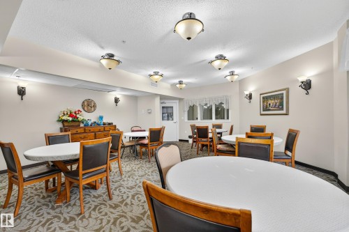 Patterned carpeting, multiple ceiling-mounted light fixtures, wall sconces, and interior windows - #420 9820 165 St Nw, Edmonton, AB 