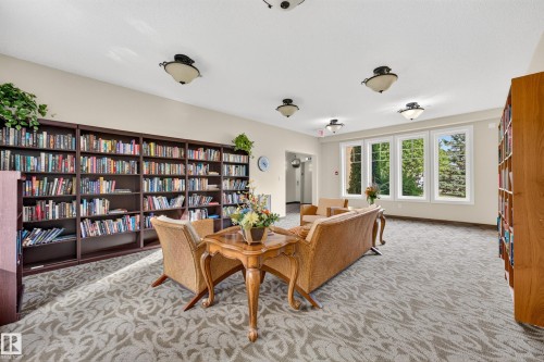 Built-in wall-to-wall shelving, patterned carpet flooring, multiple windows providing natural light, and overhead flush mount lighting fixtures - #420 9820 165 St Nw, Edmonton, AB 