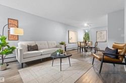 Open-concept living area with wood-finish flooring, light gray wall paint, and a window providing natural light - 