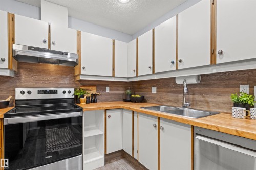 White upper and lower cabinetry, wood-finish countertops, stainless steel appliances, wood-finish backsplash, and a double basin sink - #7 10032 113 St Nw, Edmonton, AB 