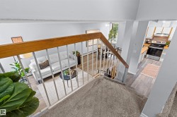 Carpeted staircase with wood railing, leading to an open-concept living area with wood-finish flooring, a dining space, and a kitchen featuring white cabinetry, light countertops, and stainless steel appliances - 