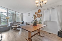 Spacious living area featuring wood-finish flooring, a multi-pane picture window, a secondary window, and an overhead chandelier - 