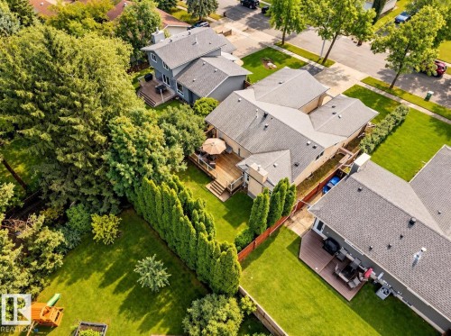 Expansive backyard featuring a manicured lawn, mature trees, and a wooden deck with stairs - 11 Brunswick Crescent, St. Albert, AB 