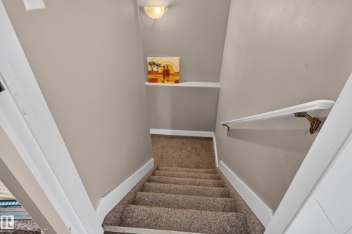 Carpeted staircase with neutral wall color, white trim, wall-mounted shelving, and a wall sconce - 9826 180 Avenue Nw, Edmonton, AB 