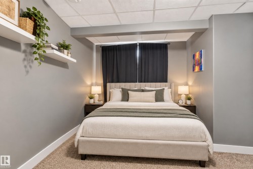 Recessed lighting, drop ceiling, wall-mounted shelving, neutral wall paint, and carpet flooring - 9826 180 Avenue Nw, Edmonton, AB 