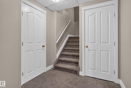 Carpeted stairs with white handrail, two paneled doors with gold-tone hardware, textured ceiling, and neutral wall paint - 9826 180 Avenue Nw, Edmonton, AB 