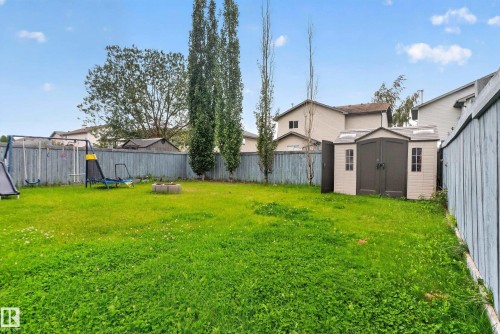 Expansive fenced backyard featuring a storage shed and mature trees - 9826 180 Avenue Nw, Edmonton, AB 