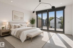 Wide plank wood-finish flooring, recessed lighting, and a contemporary ceiling fixture - 