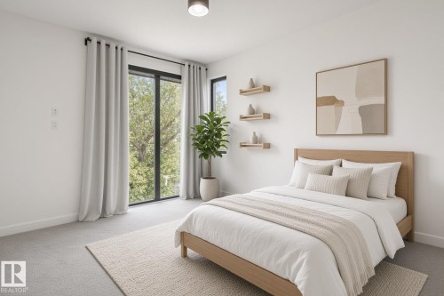 Floor-to-ceiling windows, recessed ceiling light fixture, wall-mounted floating shelves, and light-toned carpeting - 10925 University Avenue Nw, Edmonton, AB 