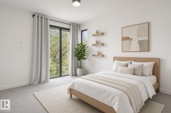 Floor-to-ceiling windows, recessed ceiling light fixture, wall-mounted floating shelves, and light-toned carpeting - 