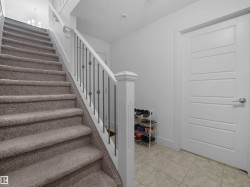 Carpeted staircase with white newel post and metal balusters - 