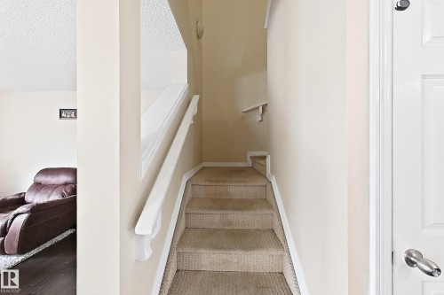Carpeted staircase with white handrails and neutral painted walls - 2829 18A Avenue Nw, Edmonton, AB 