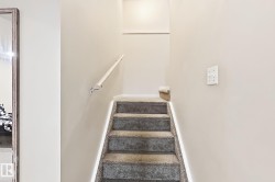 Carpeted staircase with an attached handrail and light-colored wall paint - 