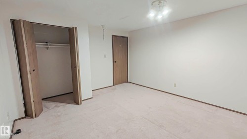 Carpeted flooring, white wall finishes, wood-finish interior doors, built-in closet with bifold doors, and a ceiling-mounted light fixture - 3031 79 Street Nw, Edmonton, AB 
