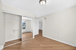 Wood-finish flooring, mirrored sliding closet doors, built-in closet shelving, and a semi-flush mount ceiling light - 