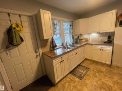 Kitchen featuring white paneled cabinetry, a dual-basin stainless steel sink, tile backsplash, and wood-finish flooring - 