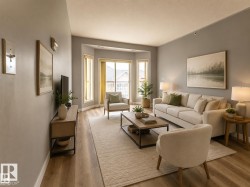 Spacious living area featuring light wood-finish flooring, a neutral color palette, a bay window with multiple panes, and a glass-paneled exterior door - 