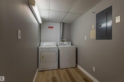 Laundry area featuring wood-finish flooring, drop ceiling, and neutral wall paint - 
